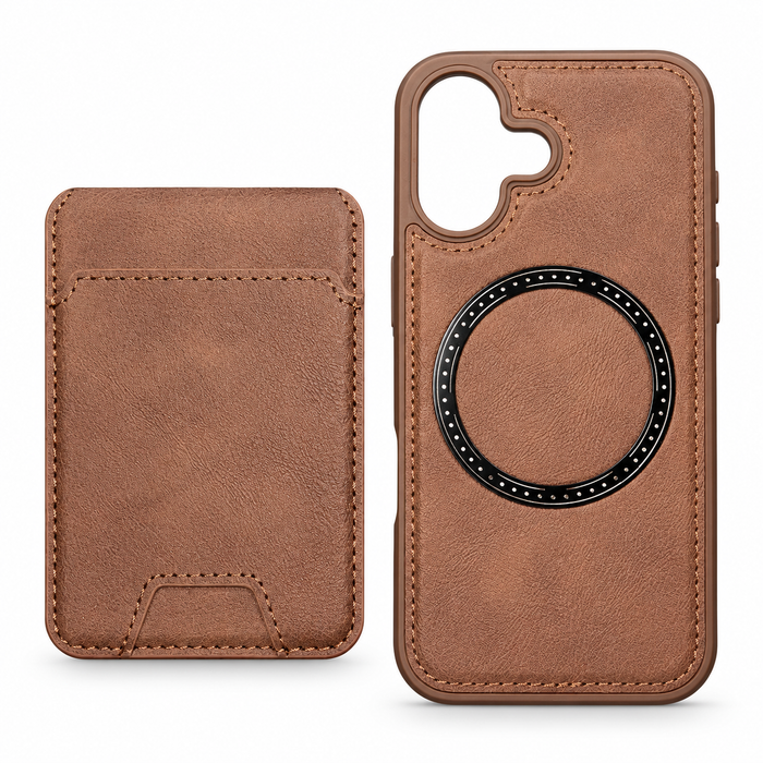 Leather-Style MagSafe Protective Case with Card Holder for iPhone 16 – Brown