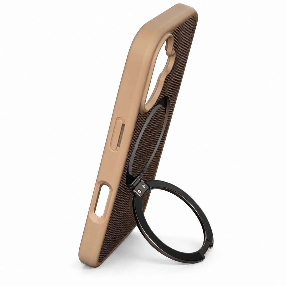 Carbon Fiber-Style MagSafe Ring Stand Case for iPhone 17 – Beige