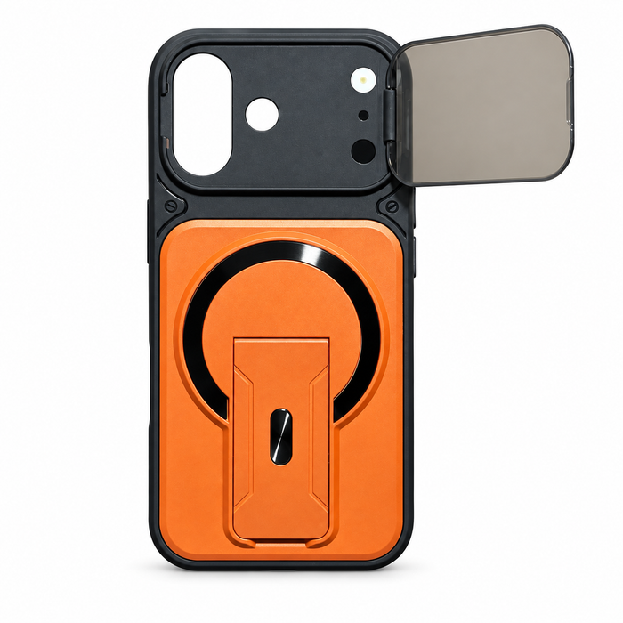 Rugged Magnetic Kickstand Case with Camera Cover for iPhone 17 – Orange & Black