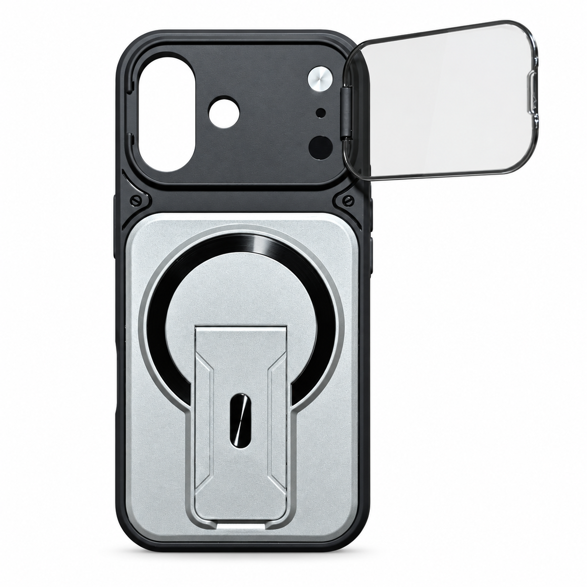Magnetic Kickstand Protective Case for iPhone 17 – Silver & Black