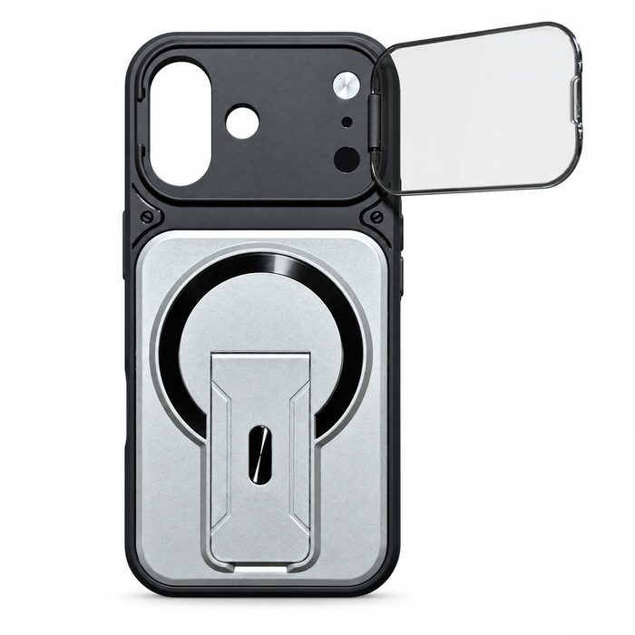 Magnetic Kickstand Protective Case for iPhone 17 – Silver & Black