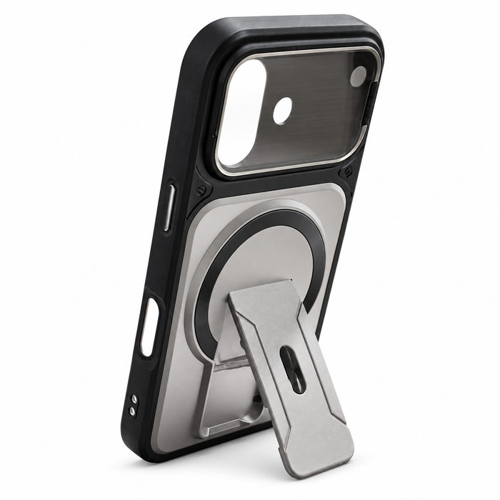 Magnetic Kickstand Protective Case for iPhone 17 – Silver & Black