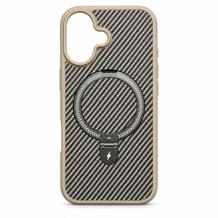 Carbon Fiber-Style MagSafe Ring Stand Case for iPhone 17 – Beige