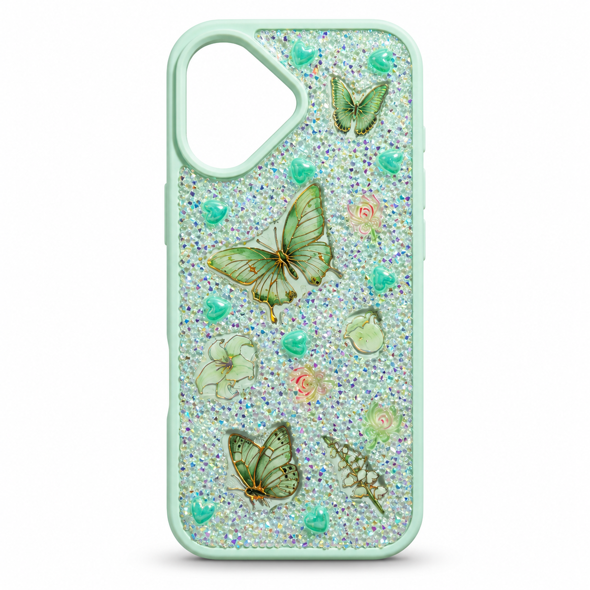 Mint Green Glitter Butterfly Case for iPhone 16