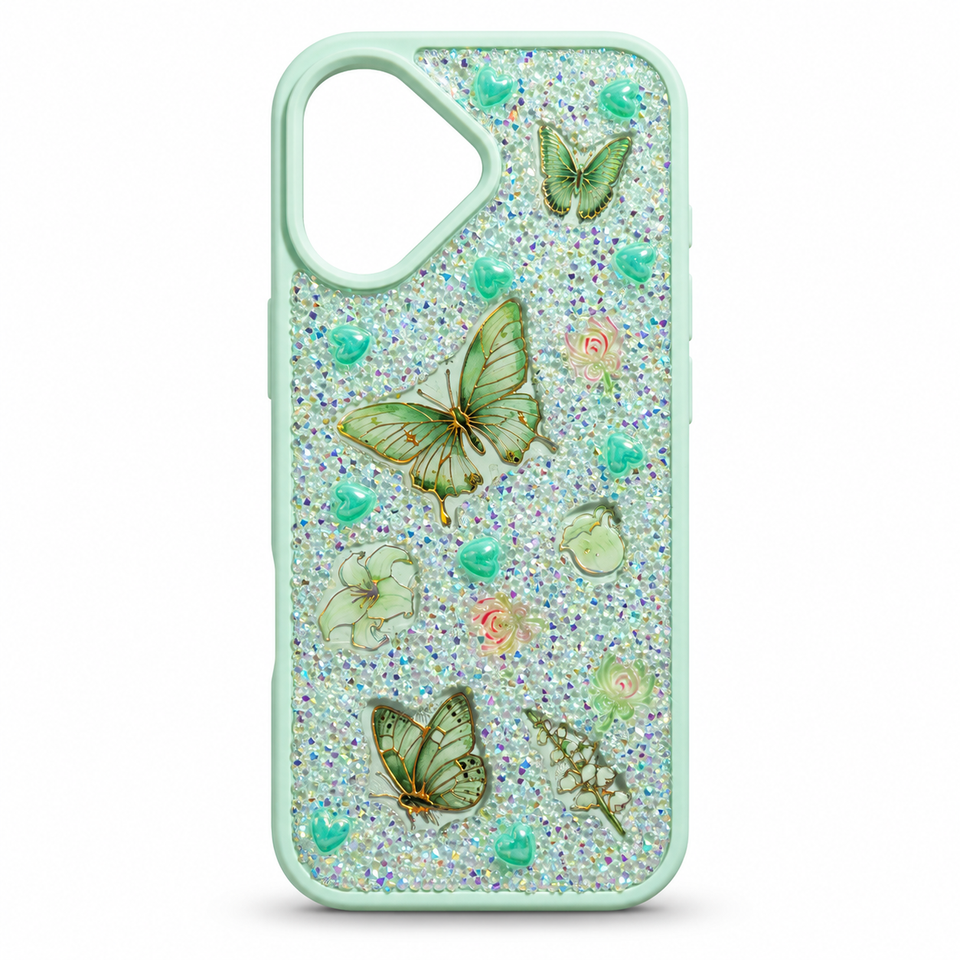 Mint Green Glitter Butterfly Case for iPhone 16