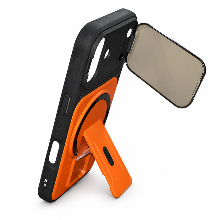 Rugged Magnetic Kickstand Case with Camera Cover for iPhone 17 – Orange & Black