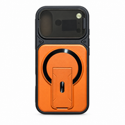Rugged Magnetic Kickstand Case with Camera Cover for iPhone 17 – Orange & Black