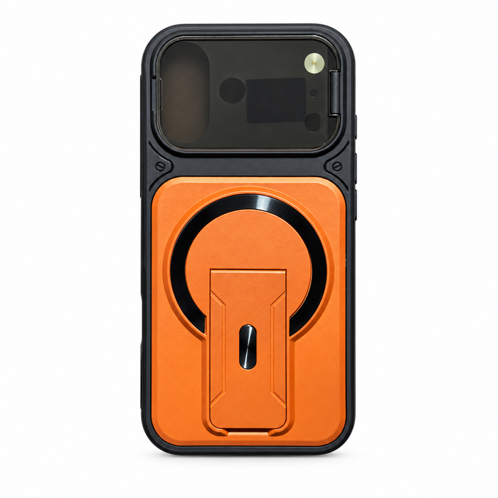Rugged Magnetic Kickstand Case with Camera Cover for iPhone 17 – Orange & Black