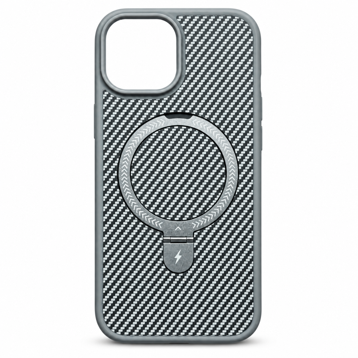Carbon Fiber MagSafe Ring Kickstand Case for iPhone 15 – Gray