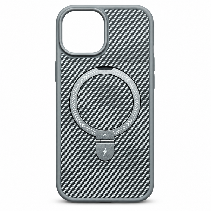 Carbon Fiber MagSafe Ring Kickstand Case for iPhone 15 – Gray