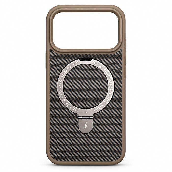 Carbon Fiber Magnetic Ring Stand Case for iPhone 17 Pro – Brown