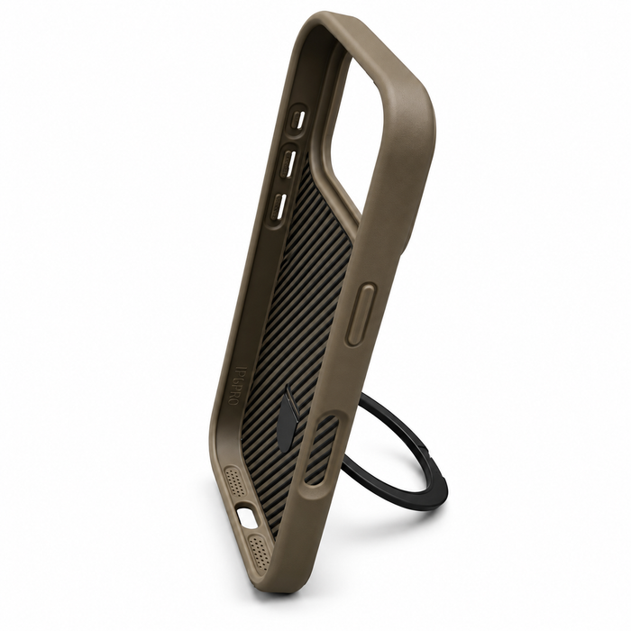 Carbon Fiber Magnetic Ring Stand Case for iPhone 17 Pro – Brown